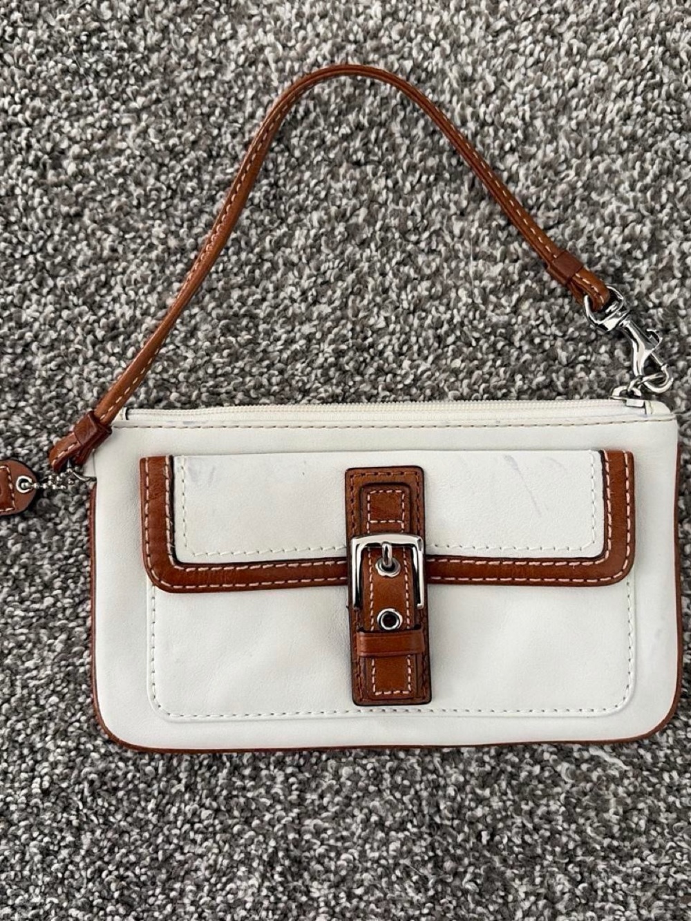 White and Brown Leather Wristlet Bag - Classic Buckle Detail